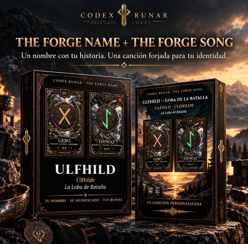 Ejemplo real: tarjeta del Forge Name ULFHILD (Úlfhildr, La Loba de Batalla) con sus runas Gebo y Eihwaz, junto a su Forge Song