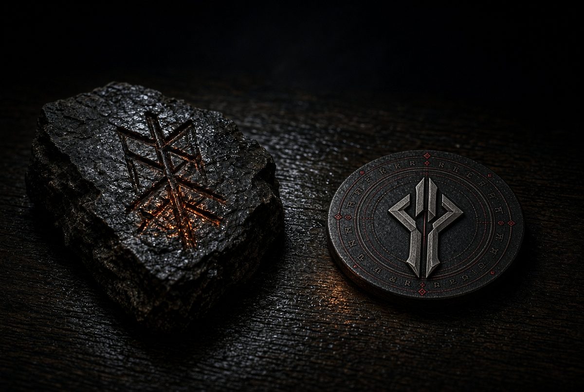 Bindrune grabado en piedra junto a un sello rúnico metálico